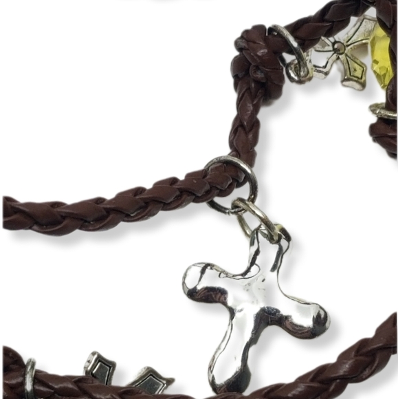 VERY LONG BROWN BRAIDED LEATHER & SILVERPLATED CROSS CHARMS NECKLACE - Picture 5 of 10